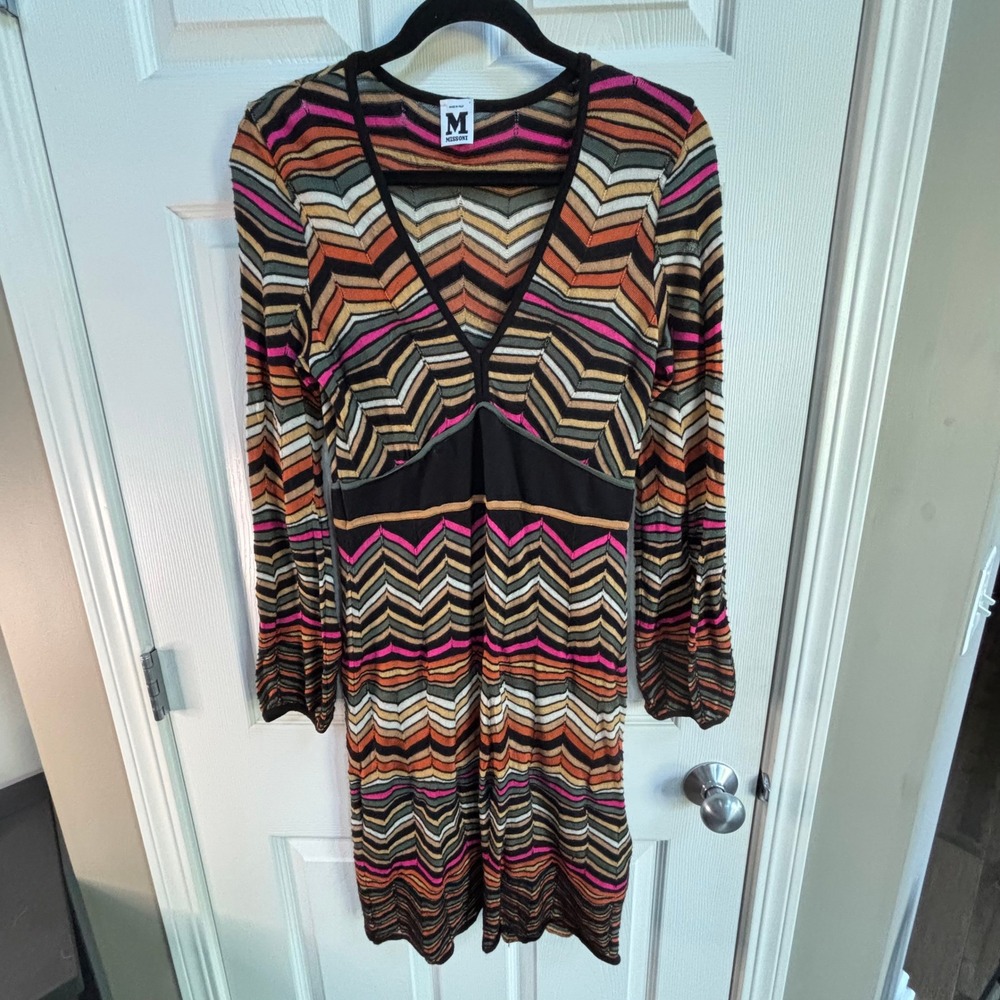 M Missoni Zigzag Chevron Knit Dress Long Sleeve Multi-Color‎ Retro Made in Italy